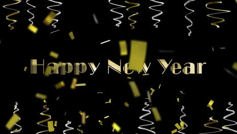 Animation-of-happy-new-year-text,-party-streamers-and-confetti-on-black-background
