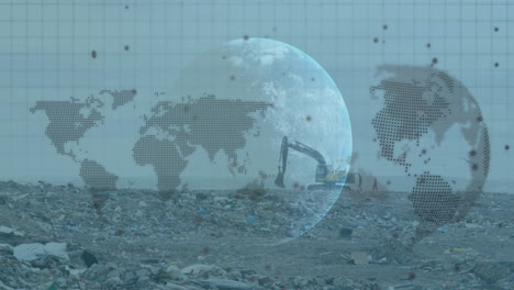 Animation-of-financial-data-processing-over-globe,-world-map-and-wasteland-background