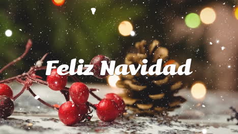Animation-of-feliz-navidad-text-over-snow-falling-with-christmas-decorations