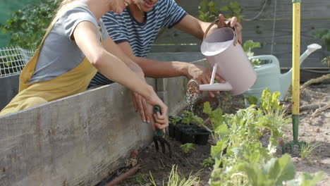 Happy-diverse-couple-working-in-garden-and-watering-plants,-slow-motion