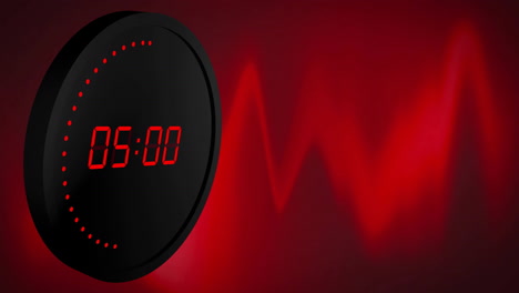 Animation-of-red-digital-timer-changing-with-dots-on-black-circle-and-red-background