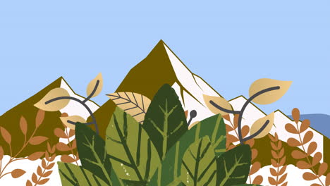 Animation-Von-Grünen-Und-Gelben-Blättern-Und-Pflanzen,-Die-Sich-über-Berge-Auf-Blauem-Hintergrund-Bewegen