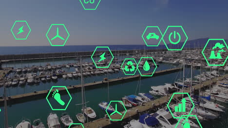 Animation-of-eco-icons-and-data-processing-over-sea-port