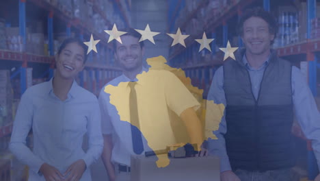 Animation-of-flag-of-kosovo-over-happy-diverse-male-and-female-colleagues-in-warehouse