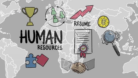 Animation-of-human-resources-with-icons-over-world-map-on-grey-background