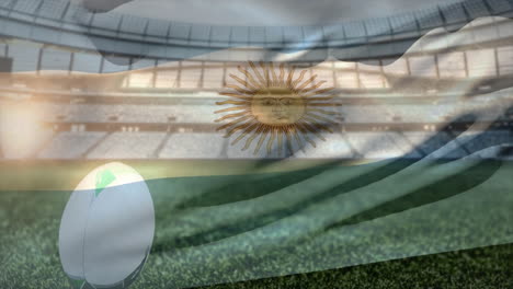 Animation-of-waving-flag-of-argentina-over-stadium-with-rugby-ball