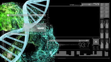 Animation-of-data-processing-over-dna-strand-and-green-light-spots-on-black-background