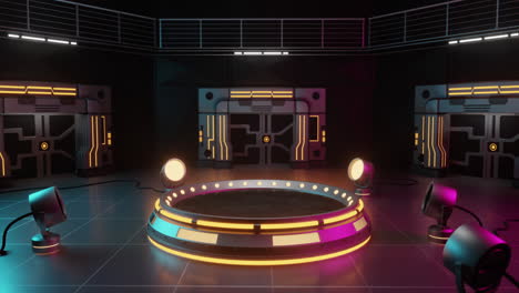 Animation-Von-Neon-Gaming-Funktionen-Mit-Bühnen--Und-Scheinwerferlichtern,-Die-Sich-Auf-Schwarzem-Hintergrund-Drehen