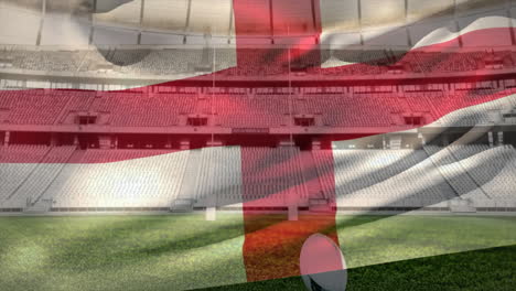 Animation-of-waving-flag-of-england-over-stadium-with-rugby-ball