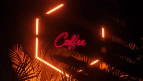 Animation-of-coffee-text-in-red-with-orange-neon-hexagon-and-jungle-leaves-at-night