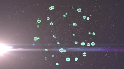 Animation-Des-Netzwerks-Mit-Symbolen-Und-Globus-Auf-Dunklem-Hintergrund