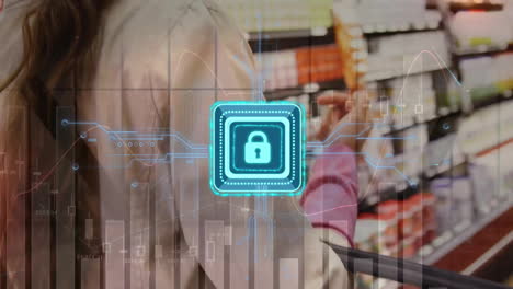 Animation-of-digital-padlock-over-data-processing-and-woman-with-shopping-trolley