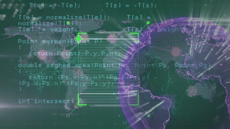 Animation-Der-Datenverarbeitung-über-Globus-Und-Weltkarte-Auf-Grünem-Hintergrund