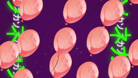 Animation-of-pink-balloons-over-chinese-symbols-on-purple-background