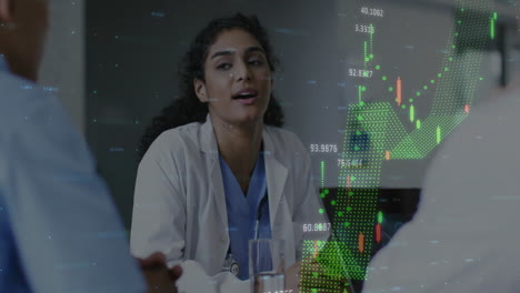 Animation-of-multiple-graphs-and-numbers-over-diverse-female-doctor-discussing-with-colleagues
