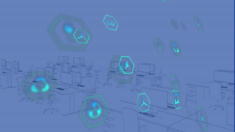 Animation-of-sustainable-icons-over-3d-model-of-digital-workplace-in-office