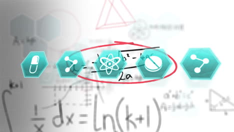 Animation-Eines-Symbols-In-Sechsecken-über-Mathematischen-Gleichungen-Und-Diagrammen-Vor-Weißem-Hintergrund