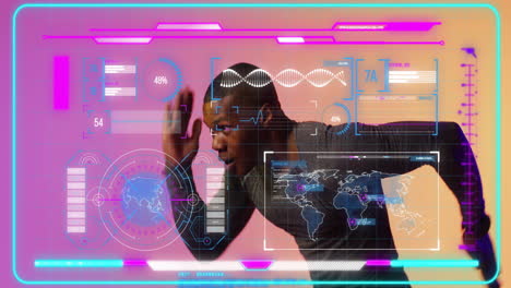 Animation-of-screens-with-data-processing-over-african-american-man-running