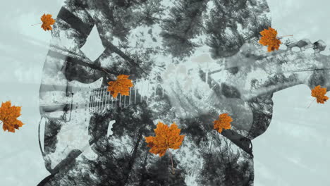 Animation-Von-Orangefarbenen-Blättern,-Die-über-Bäume-Fallen,-Und-Einem-Kaukasischen-Mann,-Der-Auf-Grauem-Hintergrund-Gitarre-Spielt