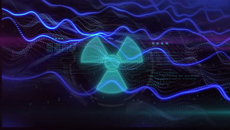 Animation-of-data-processing-with-nuclear-symbol-over-light-trails-on-black-background