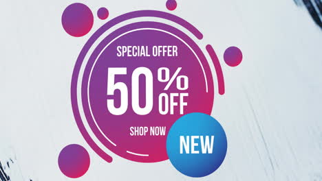 Animation-of-special-offer,-50-percent-off-text-on-purple-circle-over-white-paint-texture