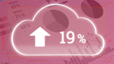 Animation-of-cloud-with-growing-number-over-financial-data-processing-on-pink-background