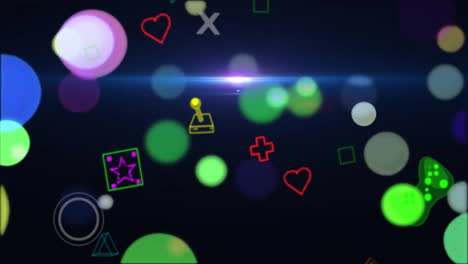 Animation-Von-Videospielsymbolen-Und-Neonmuster-Auf-Schwarzem-Hintergrund