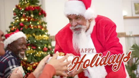 Animation-of-happy-holidays-text-over-santa-claus-and-diverse-senior-friends-at-christmas-at-home
