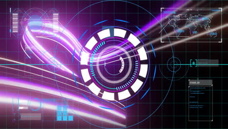 Animation-of-graph,-map,-loading-circles-in-arc-reactor-over-dynamic-waves-against-black-background