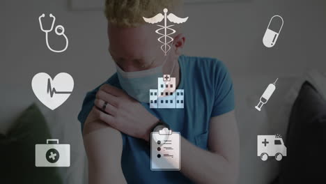 Animation-Medizinischer-Symbole-über-Einem-Albino-Mann-Mit-Gesichtsmaske