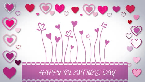 Animation-of-happy-valentines-day-text-in-rectangle-over-heart-shapes-against-white-background