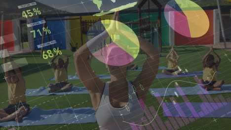 Animation-of-data-processing-over-diverse-schoolchildren-and-female-teacher-practicing-yoga