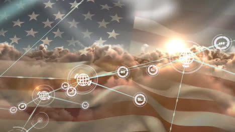 Animation-of-global-communication-network-over-sunset-cloudy-sky-and-american-flag