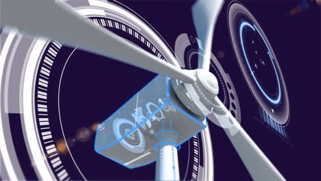 Animation-Einer-Rotierenden-Windturbine-Und-Kreisförmigen-Scannern,-Die-Daten-Auf-Schwarzem-Hintergrund-Verarbeiten