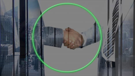 Animation-of-green-neon-circle-over-caucasian-businessmen-shaking-hands-in-office