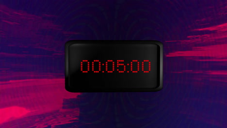 Animation-of-red-digital-timer-changing-with-pink-light-trails-on-purple-background