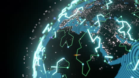 Animation-Eines-Leuchtend-Blauen-Verbindungsnetzes-Mit-Symbolen-über-Einem-Globus-Auf-Schwarzem-Hintergrund
