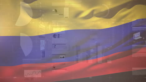 Animation-of-flag-of-colombia-with-interface-screens-and-charts-processing-data