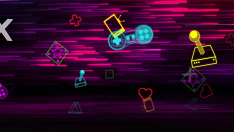 Animation-of-video-game-icons-and-neon-pattern-on-black-background