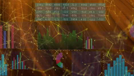 Animation-Von-Mehrfarbigen-Graphen,-Zahlendiagrammen-Und-Verbundenen-Punkten-Auf-Abstraktem-Hintergrund