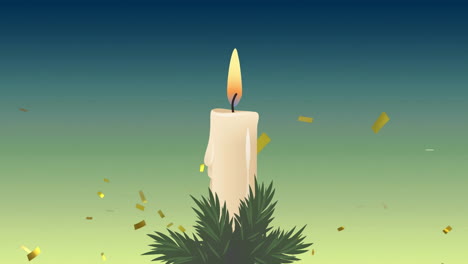 Animation-of-falling-gold-confetti-over-christmas-candle-on-blue-background