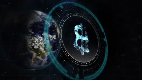 Animation-Von-Globus-Und-Kryptowährungssymbol-Auf-Schwarzem-Hintergrund