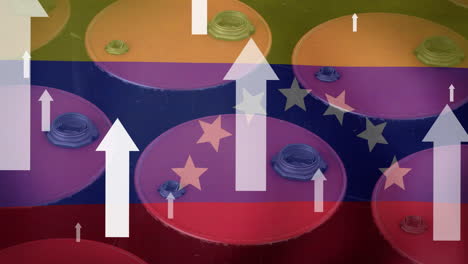 Animation-Von-Pfeilen-über-Ölfässern-Und-Der-Flagge-Von-Venezuela