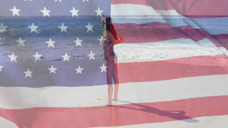 Animación-De-La-Bandera-De-Estados-Unidos-Sobre-Una-Mujer-Caucásica-En-La-Playa-En-Verano.