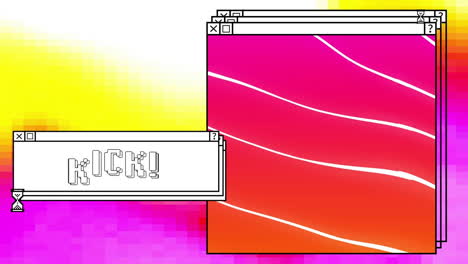 Animation-of-kick-text-and-lines-on-windows-with-egg-timer-over-colourful-computer-desktop