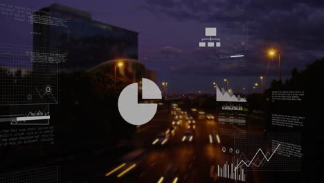 Animation-of-data-processing-with-business-icons-over-cars-on-street-and-cityscape