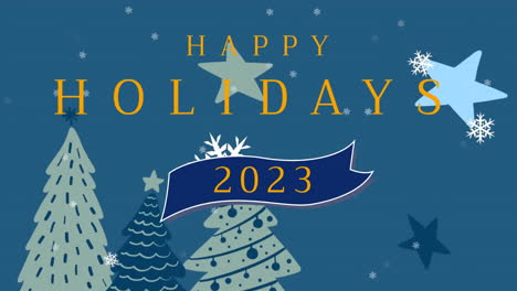 Animation-Des-Textes-„Frohe-Feiertage-2023“-Und-Des-Schnees,-Der-über-Den-Weihnachtsbaum-Auf-Blauem-Hintergrund-Fällt