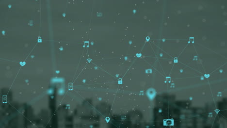Animation-of-network-of-connections-with-icons-over-cityscape-on-green-background
