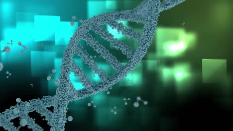 Animation-of-dna-strand-over-green-squares-on-black-background
