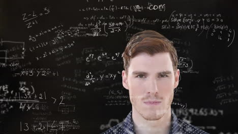 Animation-of-close-up-of-smiling-caucasian-man-standing-against-mathematical-equation